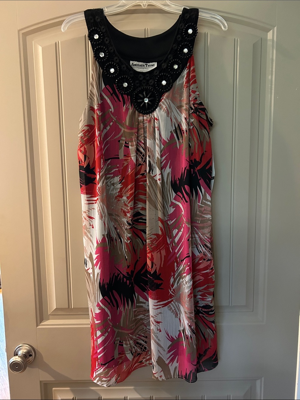 NWT Beaded Neck Tropical Print Sleeveless Dress - Pink, Black, White, Tan